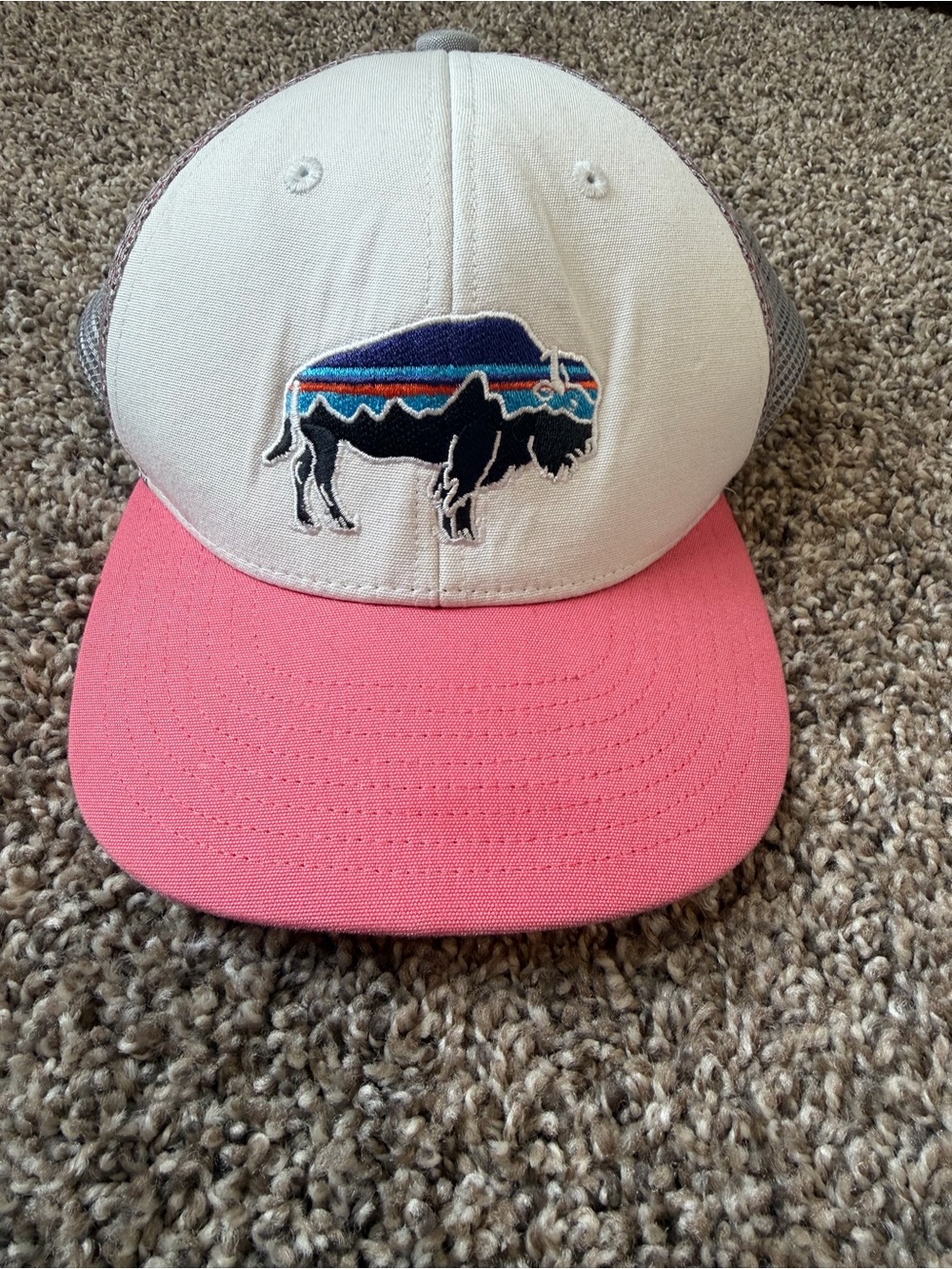 Patagonia Fitz Roy Bison Trucker Hat pink and white adjustable